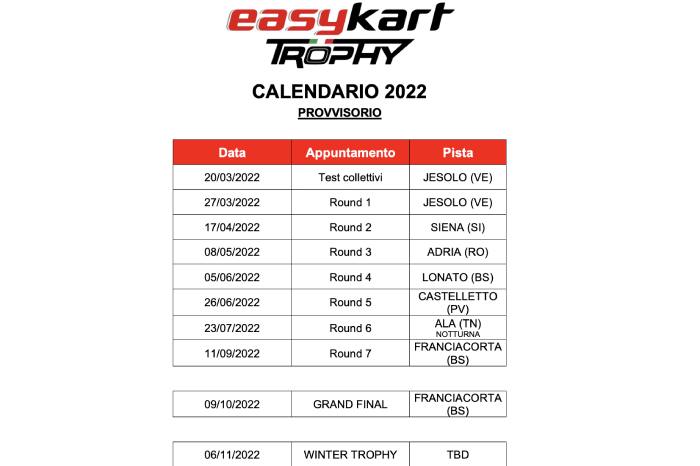 Annunciato il calendario Easykart della stagione 2022